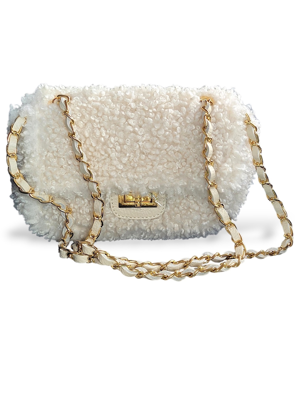 Made in Italy Genuine Leather Faux Shearling Chain Shoulder Bag Ivory Gold
